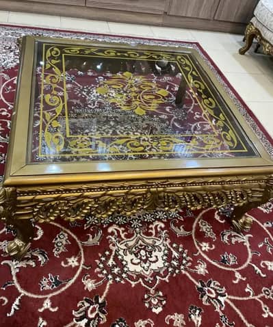 Royal Golden Carved Center Table | Glass Top | Excellent Condition