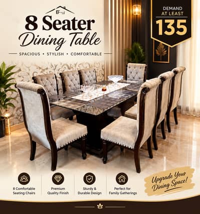 Luxury 8-Seater Glass Top Dining Table with Tufted Chairs