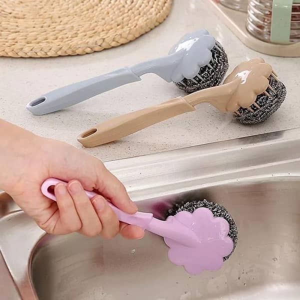 T  Stainless Steel Long Handle Wire Ball Brush Kitchen Hanging Cleaning Brush Pan Kitchen Dish Handle Washing Tool