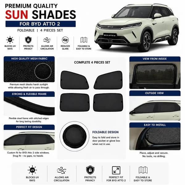BYD Atto 2 Custom Fit Foldable Sun Shades 4 Pcs | UV & Heat Protection | Side Window Mesh Shades