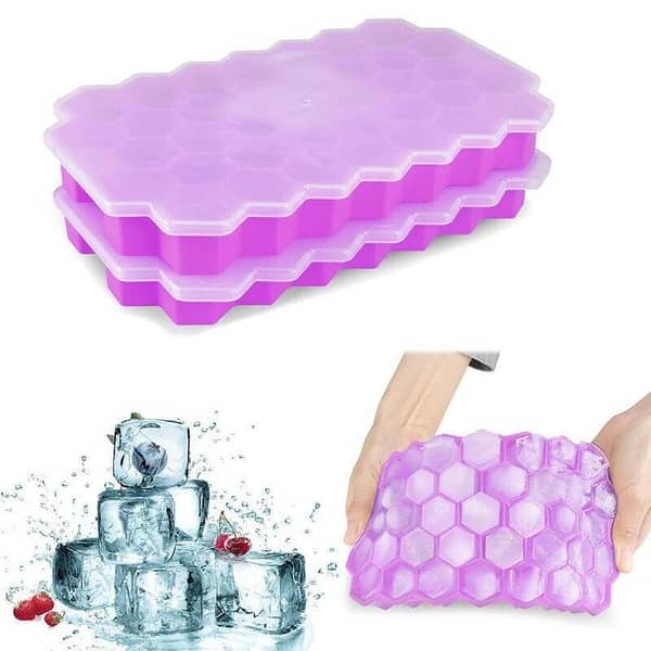 T  1 Ice Tray Easy Push Pop Out Square Silicon Ice Cubes Tray Honeycomb Shape Silicone Ice Cube Molds with Lid Flexible Tray for Refrigerator And Freezer
