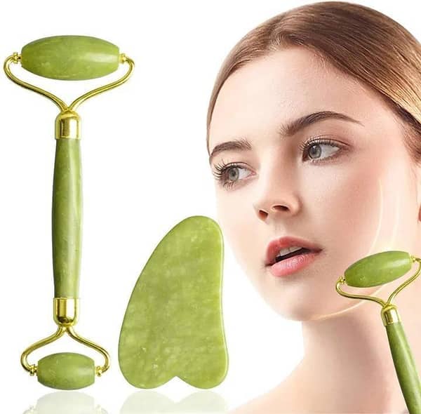 Real Jade Roller & GuaSha Set Facial Beauty Tools Massage Face Roller for Anti-face Aging Neck wrinkles Massager, Neck and Eye Treatment Facial Roller for Skin Care Routine. Double Heads for Face Massage Slimming Facial Relaxation tool