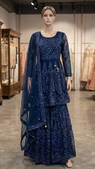 3 piece Heavy Navy Blue sharara Maxi