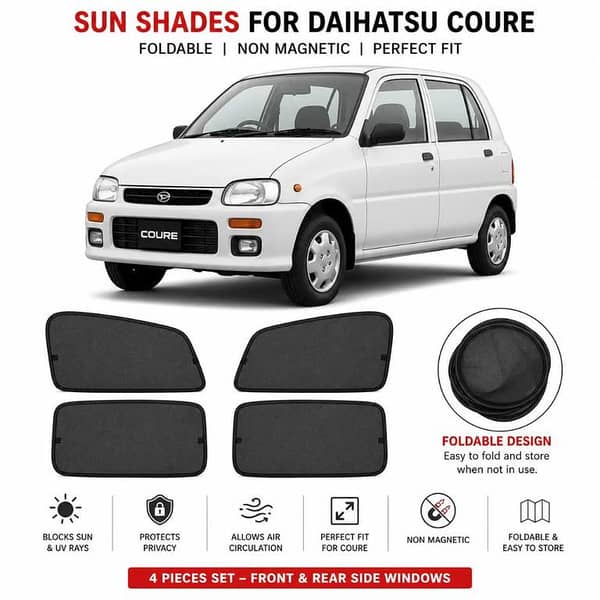 Daihatsu Cuore Custom Fit Foldable Sun Shades 4 Pcs | Non-Magnetic | UV & Heat Protection | Side Window Mesh Shades