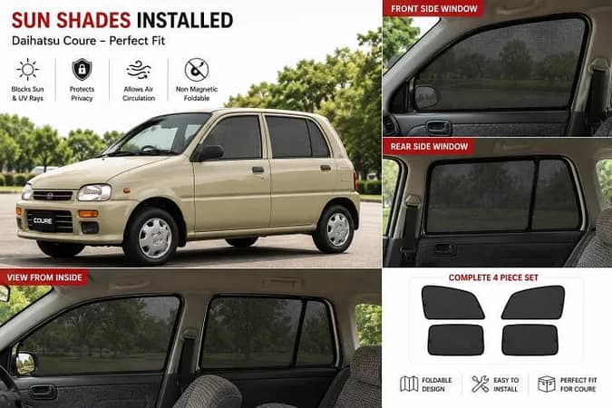 Daihatsu Cuore Custom Fit Foldable Sun Shades 4 Pcs | Non-Magnetic | UV & Heat Protection | Side Window Mesh Shades