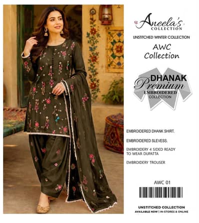 embroidery dhanak three piece