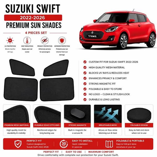 Suzuki Swift 2022-2026 Foldable Car Sun Shades (4PCS) | Custom Fit UV Protection Privacy Mesh Window Shades | No Logo