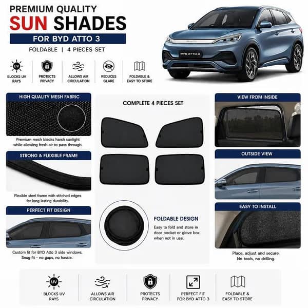 BYD Atto 3 Custom Fit Foldable Sun Shades 4 Pcs | UV & Heat Protection | Side Window Mesh Shades