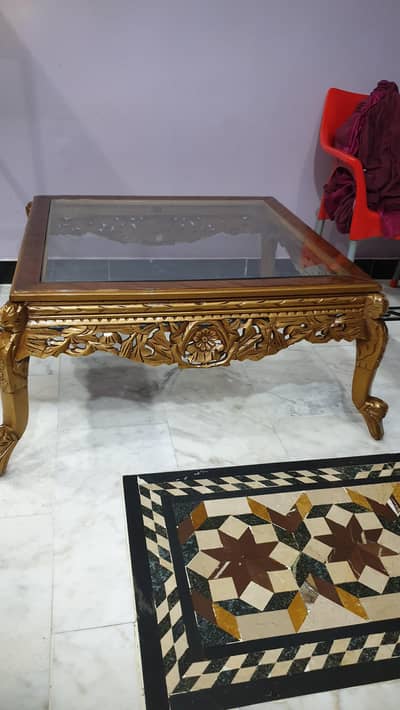 Antique Wooden Center Table | Glass Top | Heavy Carved Design