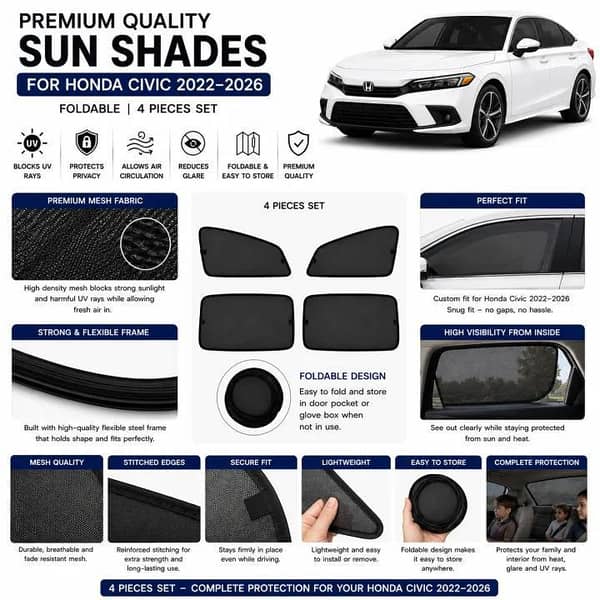 Honda Civic 2022-2026 Custom Fit Foldable Sun Shades 4 Pcs | UV & Heat Protection | Side Window Mesh Shades