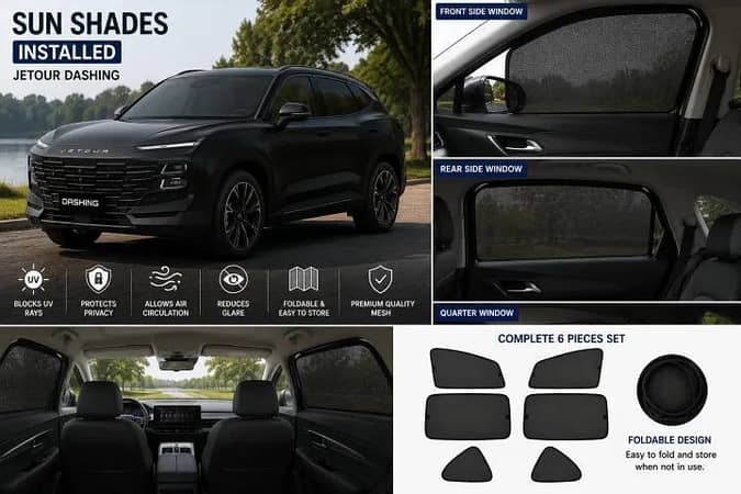 Jetour Dashing Custom Fit Foldable Sun Shades 6 Pcs | UV & Heat Protection | Side & Quarter Window Mesh Shades