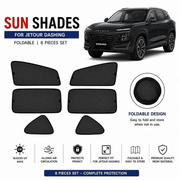 Jetour Dashing Custom Fit Foldable Sun Shades 6 Pcs | UV & Heat Protection | Side & Quarter Window Mesh Shades