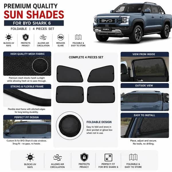 BYD Shark 6 Custom Fit Foldable Sun Shades 4 Pcs | UV & Heat Protection | Side Window Mesh Shades