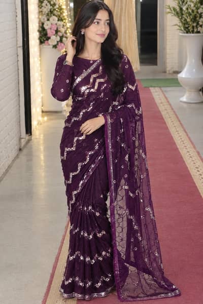 ​Purple Net Saree with Silver zig zag  Work