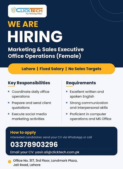 WE ARE HIRING Marketing  Office Operations & sales executive