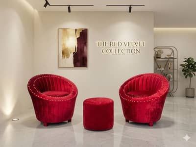 2 Red velvet barrel chairs with ottoman -luxury sofa chair and stool