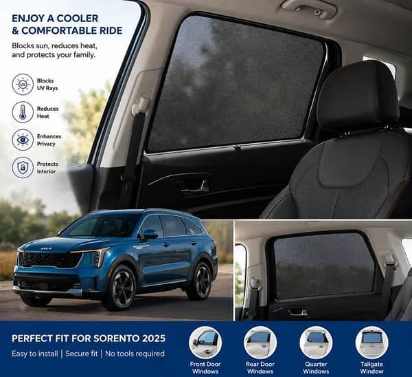 Kia Sorento 2025-2026 Foldable Car Sun Shades (6PCS) | Custom Fit UV Protection Privacy Mesh Window Shades | No Logo