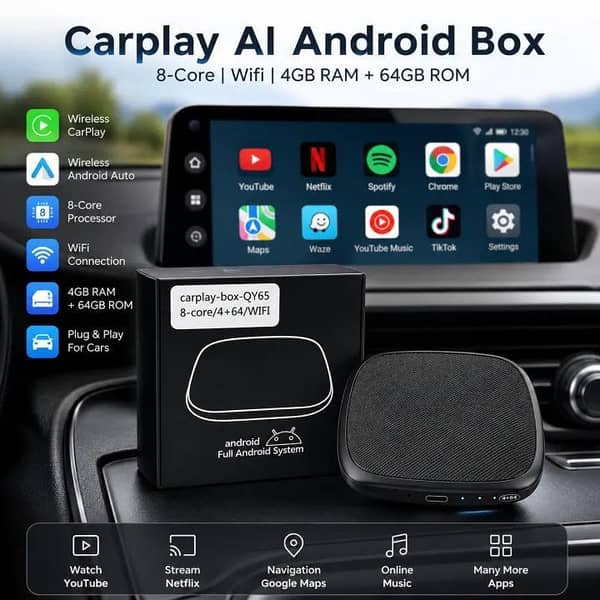Carplay AI Box 8-Core 4GB RAM 64GB ROM Wireless CarPlay & Auto Adapter with WiFi