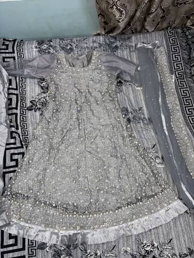 Heavy Silver Grey Walima Bridal Dress | Maxi + Dupatta | Wedding Dress