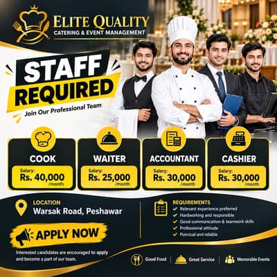 Urgent Staff Required ||Cook, Waiter, Accountant & CashierJob || Pesh