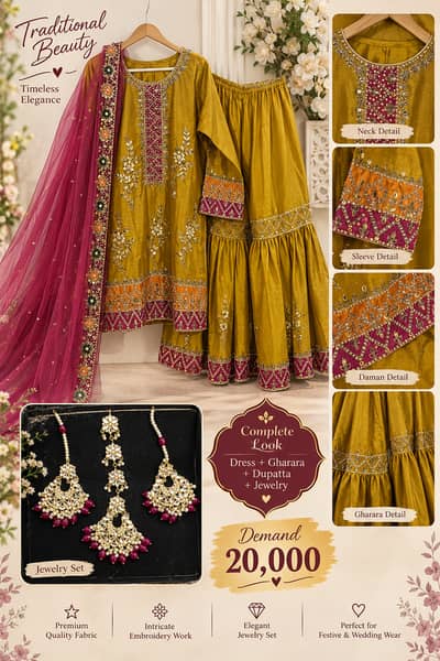Elegant Mustard Gold Embroidered Gharara Suit with Matching Jewelry Se