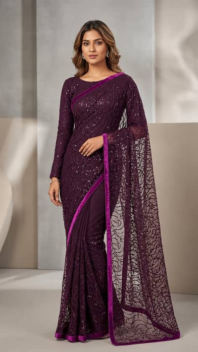 Purple Net Saree with Embroidery