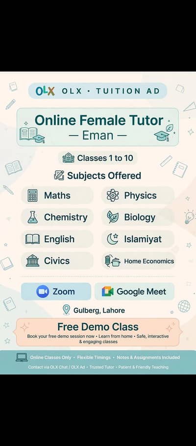 Female Tutor 1 to 10 - All Subjects - Gulberg Lahore Online