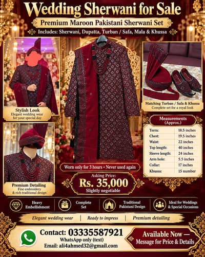 Premium Maroon Wedding Sherwani Complete Set – Worn Only 3 Hours