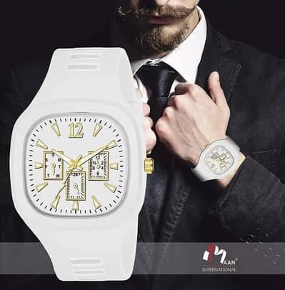 White Square Analog Watch with Gold Accents. Balck, Red, Grey