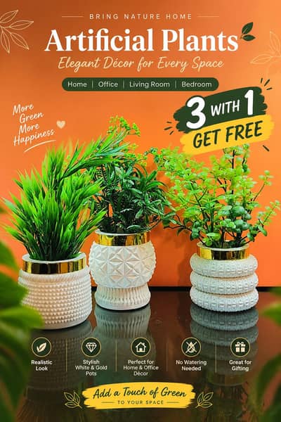 Elegant Artificial Green Plants with Decorative White & Gold Pots