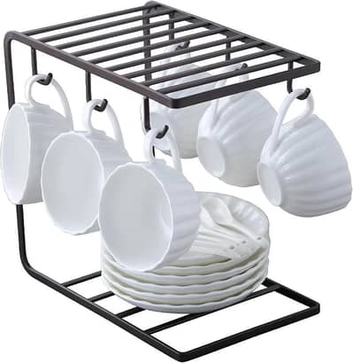 Black metal mug stand with hooks for kitchen and office