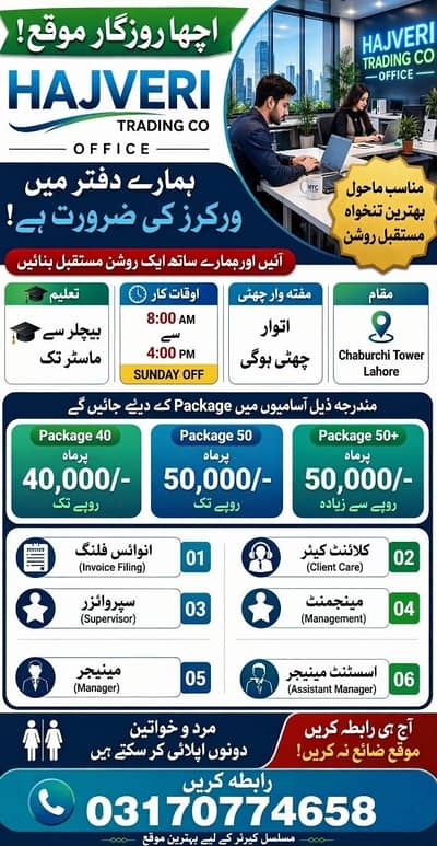 we are hiring staff male and female for office work