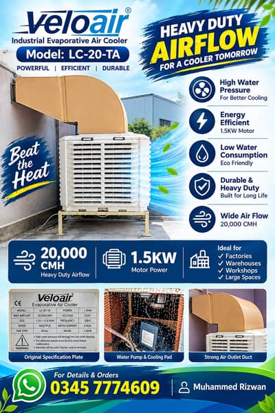 Veloair Evaporative  Chiler / Heavy Duty Airflow/1.5KW Motor/For Sale