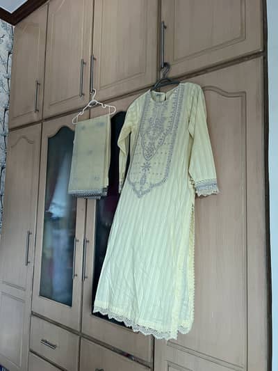 Fancy Embroidered Light Yellow Lawn/Cotton Suit with organza Dupatta
