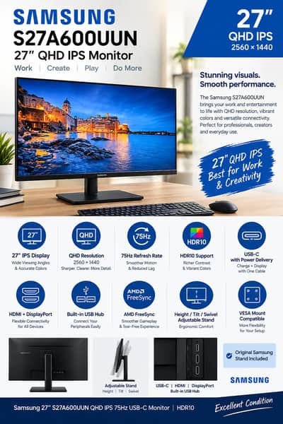 Samsung 27” S27A600UUN QHD IPS 75Hz USB-C Monitor | HDR10