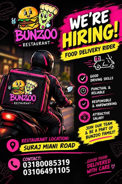 Need bike rider at BUNZOO Restaurant location Suraj maini