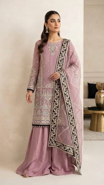 Elegant Heavy Embroidered Organza Suit - Purple with Green Border