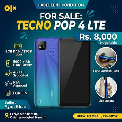 Tecno Pop 4 LTE (2GB/32GB) | 5000mAh Battery | PTA Approved