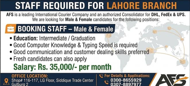 BOOKING STAFF REQUIRED FOR LAHORE BRANCH