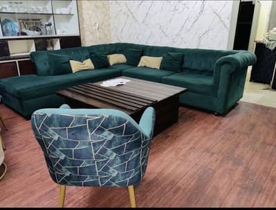 8 seater L Shape Sofa + Table and 2 Chairs and stool