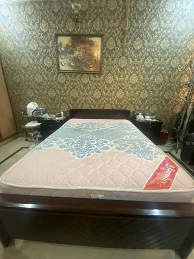 Wooden Bed Set with 2 Side Tables & Mattress – Good Condition