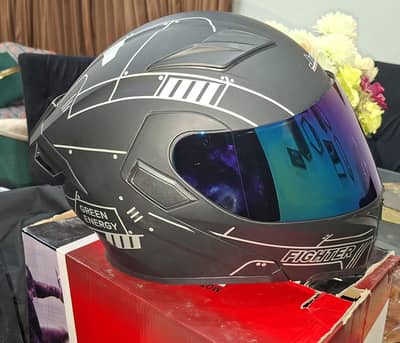 Fighter Matte Black Helmet with Bluetooth Intercom & Rainbow Visor