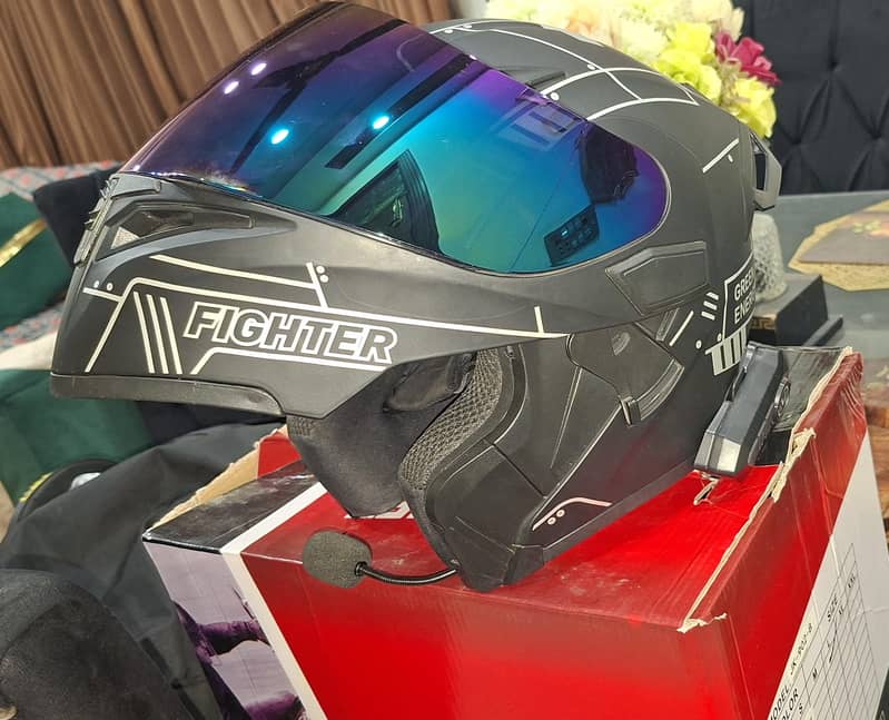 Fighter Matte Black Helmet with Bluetooth Intercom & Rainbow Visor 1