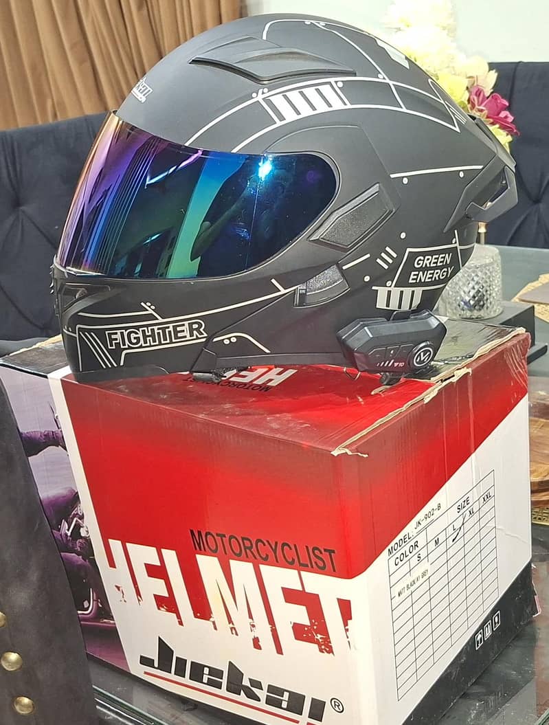 Fighter Matte Black Helmet with Bluetooth Intercom & Rainbow Visor 2
