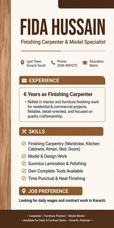 finishing carpenter liyari town Karachi south