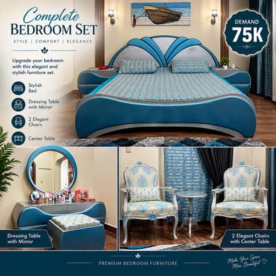 Luxury Blue & Silver King Size Bedroom Set - Excellent Condition