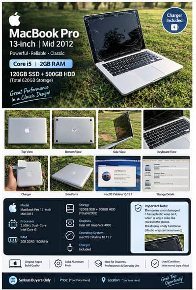 Apple MacBook Pro 13 Inch 2012 Core i5 4GB RAM 120GB SSD 500GB HDD