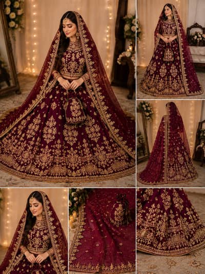 Beautiful maroon/wine bridal lehenga with heavy golden embroidery