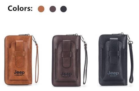 Jeep Leather Wallet Slim Zipper Wrist Strap Brown Black