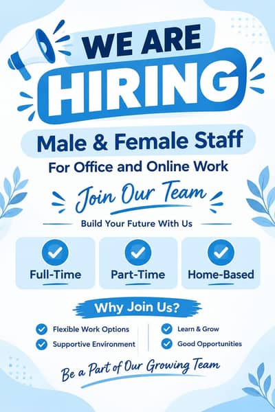 URGENT HIRING MALE OR FEMALE LOCATION AT LAHORE